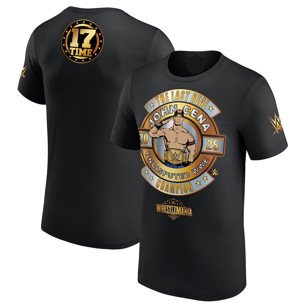 Black t-shirt with wrestling-themed design featuring a character and text on a white background